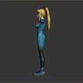 3D Rendered Female Character In Blue Bodysuit With Yellow Hair And Outstretched Arms