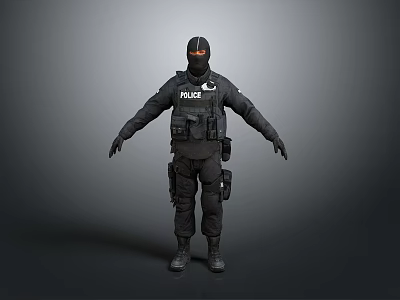 Police Officer In Tactical Black Uniform With Helmet And Gear Standing On Gray Background 3d model
