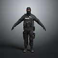 Police Officer In Tactical Black Uniform With Helmet And Gear Standing On Gray Background