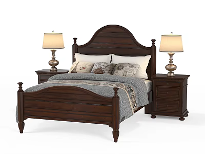 Dark Wooden Double Bed With Carved Headboard Nightstands Table Lamps Pillows And Blanket 3d model