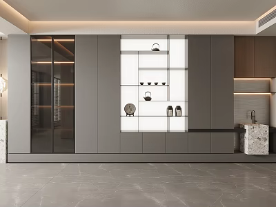 Modern Gray Sideboard Design With Glass Doors Open Shelves And Drawers In Dining Room 3d model