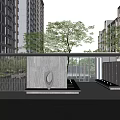 Modern Residential Entrance Gate Surrounded By High Rise Buildings And Green Trees