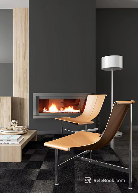 Modern Leisure Chairs In Living Room Interior With Fireplace Flames And Floor Lamp 3d model 