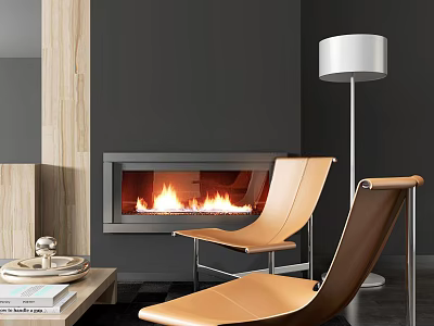 Modern Leisure Chairs In Living Room Interior With Fireplace Flames And Floor Lamp 3d model