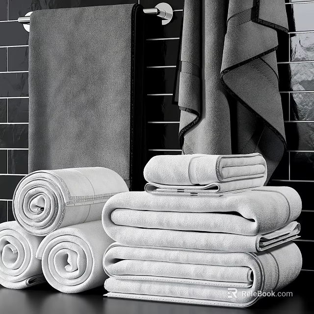 High Quality Absorbent Cotton Bath Towels Stacked And Rolled In Modern Bathroom 3d model 