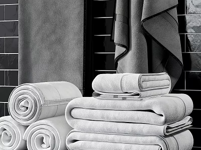 High Quality Absorbent Cotton Bath Towels Stacked And Rolled In Modern Bathroom 3d model