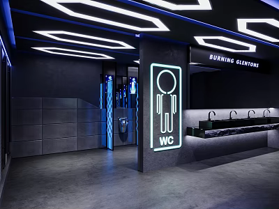 Modern Cyberpunk Mens Public Toilet With Stunning Neon Lighting And Sleek Dark Interior Design 3d model