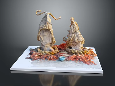 Traditional Woven Straw Architecture Sculpture With Red Orange Accents Blue Ornament And White Base 3d model