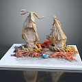 Traditional Woven Straw Architecture Sculpture With Red Orange Accents Blue Ornament And White Base