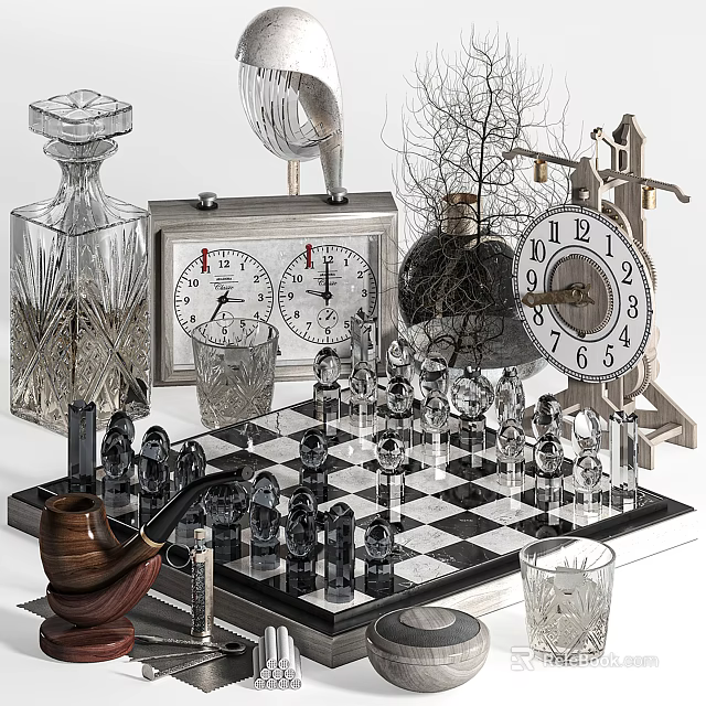 Elegant Vintage Decorative Ornament Set With Crystal Chess Clocks Pipe And Branch Decor 3d model 