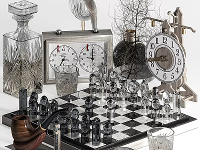 Elegant Vintage Decorative Ornament Set With Crystal Chess Clocks Pipe And Branch Decor 3d model