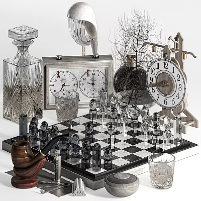 Elegant Vintage Decorative Ornament Set With Crystal Chess Clocks Pipe And Branch Decor 3d model