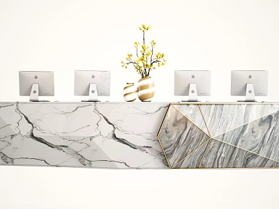 Modern Marble Reception Desk With Computers And Yellow Floral Vase 3d model