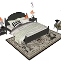 Double Bed With Dark Headboard Striped Pillows White Quilt Nightstands Lamps And Patterned Rug
