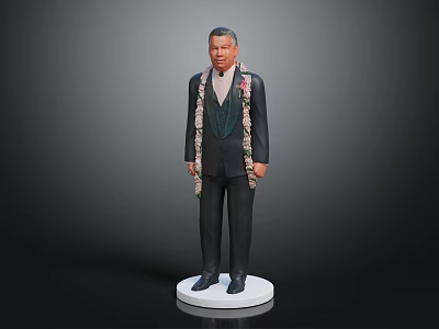 Man In Black Suit With Flower Garland Standing On White Pedestal 3d model