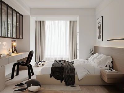 Modern Bedroom Interior Design With White Bed Beige Headboard And Black Chair 3d model