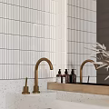 Modern Bathroom Interior With Tiled Walls Wooden Mirror Vanity Sink And Decorative Shelf