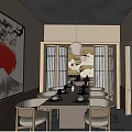 Japanese Style Private Dining Room With Mountain Artwork Dining Table And Pendant Lights