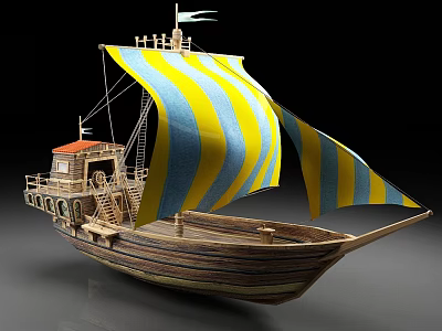 Wooden Sailboat Model With Blue And Yellow Striped Sails Detailed Hull And Deck 3d model