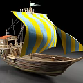Wooden Sailboat Model With Blue And Yellow Striped Sails Detailed Hull And Deck