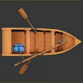Wooden Toy Sailboat With White Sail Blue Cargo Oar And Reflection On Dark Surface
