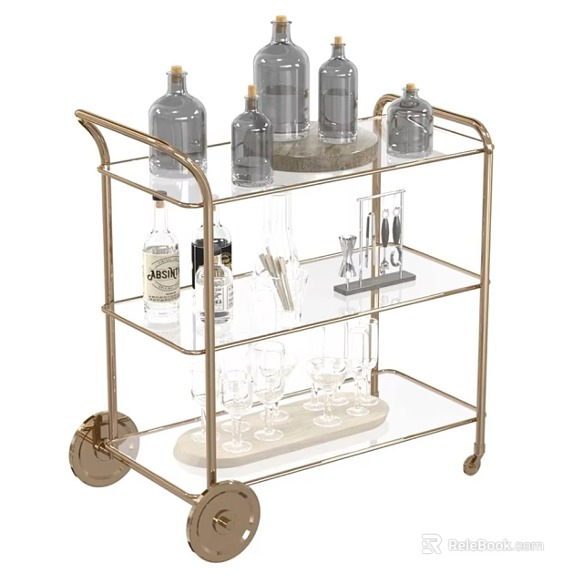 Elegant Gold Frame Three Tier Glass Bar Cart With Bottles Wine Glasses And Tools 3d model 