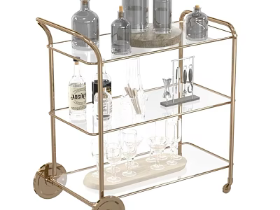 Elegant Gold Frame Three Tier Glass Bar Cart With Bottles Wine Glasses And Tools 3d model