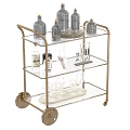 Elegant Gold Frame Three Tier Glass Bar Cart With Bottles Wine Glasses And Tools