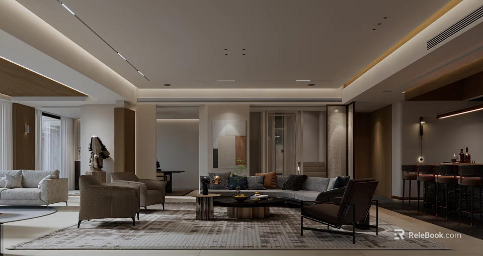 Modern Living Room Interior Design With Sofa Coffee Table Armchairs Rug And Decorative Elements 3d model