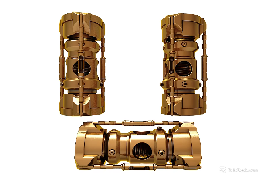 Three Golden Mechanical Parts Featuring Intricate Design And Metallic Finish 3d model 