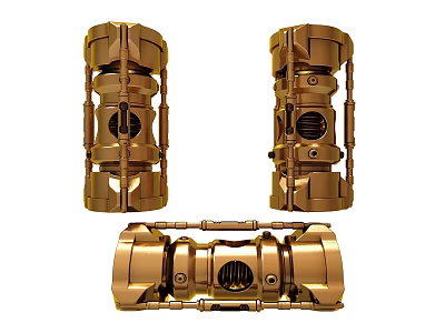 Three Golden Mechanical Parts Featuring Intricate Design And Metallic Finish 3d model