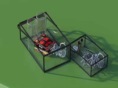 Transparent Glass Display Case With Red Black Items And White Accessories 3d model