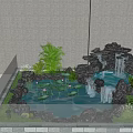 Garden Pond With Rockery Waterfall Koi Fish Lotus Leaves And Green Plants