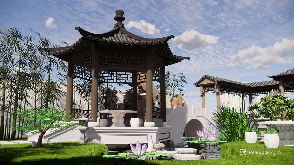 Traditional Chinese Garden With Pagoda Stone Bridge And Lotus Pond Water Lilies 3d model 