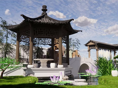 Traditional Chinese Garden With Pagoda Stone Bridge And Lotus Pond Water Lilies 3d model