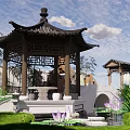 Traditional Chinese Garden With Pagoda Stone Bridge And Lotus Pond Water Lilies
