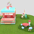 Colorful Cartoon Food Cart Scene With Green Grass Flowers And Mushroom Decorations