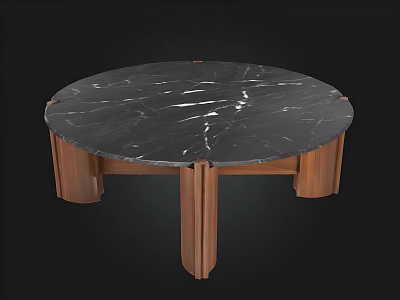 Modern Round Coffee Table With Black Marble Top And Wooden Legs 3d model