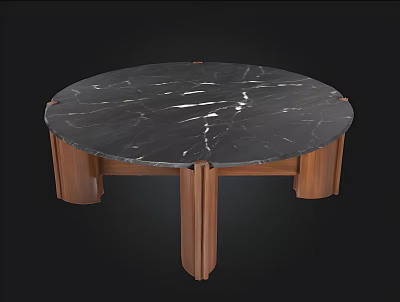 Modern Round Coffee Table With Black Marble Top And Wooden Legs 3d model