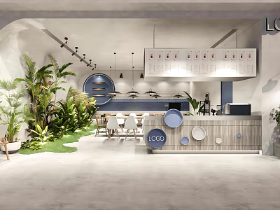 Modern Bubble Tea Shop Interior With Green Plants Counter And Seating Area 3d model