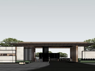 Modern Grand Entrance Gate with Extended Roof White Walls Vertical Slats and Surrounding Trees 3d model
