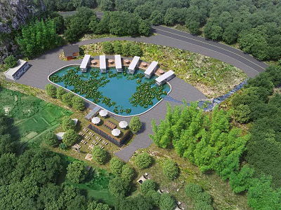 Beautiful Natural Mountain Scenery With Lotus Pond Floating Cabins And Lush Green Surrounding Forest 3d model