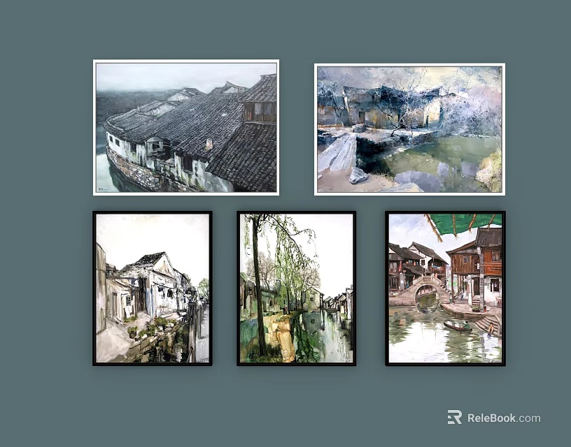 Chinese Style Landscape Paintings With Traditional Architecture Water Town Willow Trees And Bridges 3d model 
