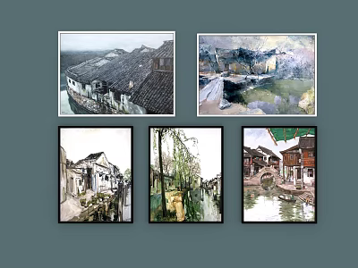 Chinese Style Landscape Paintings With Traditional Architecture Water Town Willow Trees And Bridges 3d model