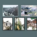 Chinese Style Landscape Paintings With Traditional Architecture Water Town Willow Trees And Bridges