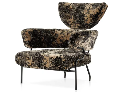 Velvet Upholstered Accent Chair With Patterned Fabric Unique High Backrest And Black Metal Legs 3d model