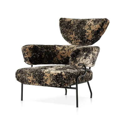 Velvet Upholstered Accent Chair With Patterned Fabric Unique High Backrest And Black Metal Legs 3d model