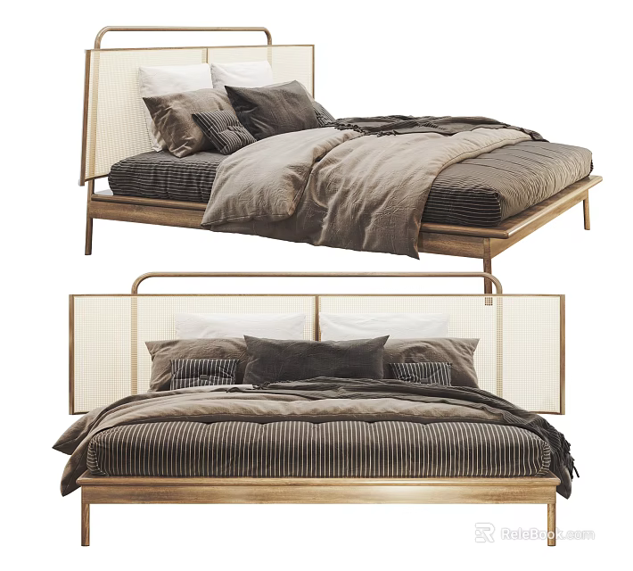 Modern Double Bed With Wooden Frame Headboard And Striped Bedding Pillows 3d model 