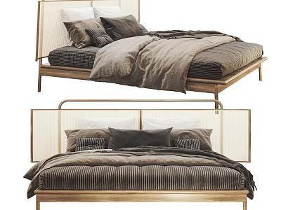 Modern Double Bed With Wooden Frame Headboard And Striped Bedding Pillows 3d model