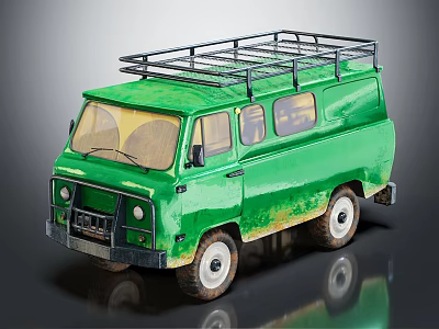 Vintage Green Van With Roof Rack And Muddy Exterior White Wheels 3d model